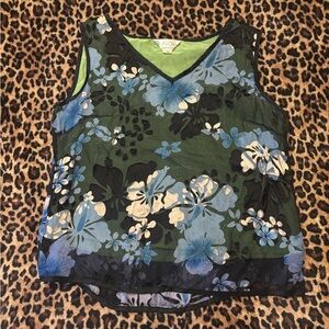 Blue Floral Sleeveless Tank Top with V-Neckline